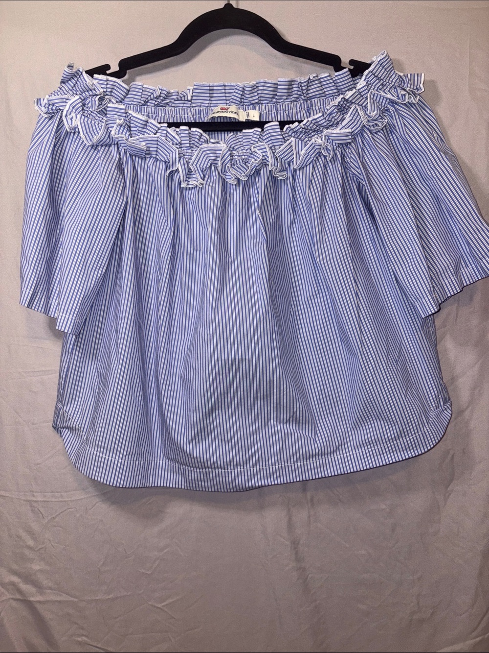 Vineyard Vines Off-Shoulder Blue & White Stripe Ruffled Top